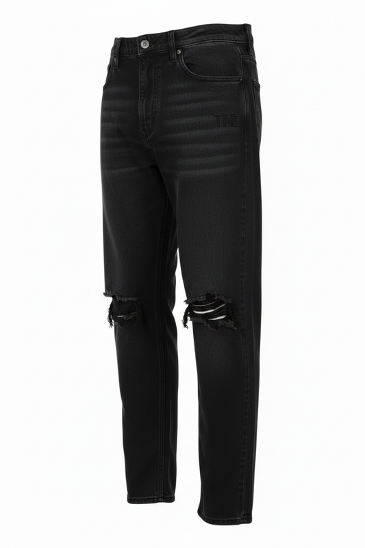 Jet black distressed jeans with TNE embroidered logo