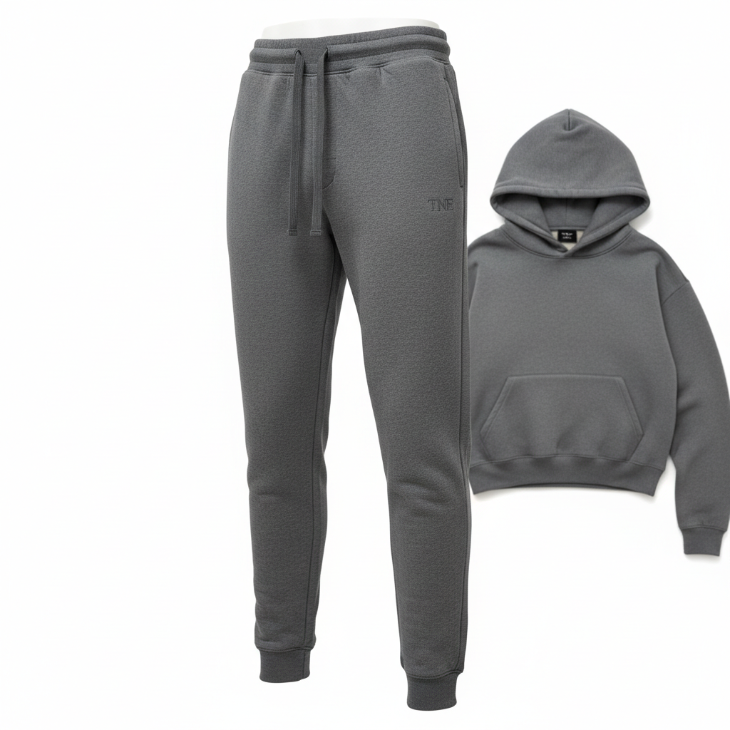 Charcoal gray tapered joggers with TNE embroidered logo on ghost mannequin
