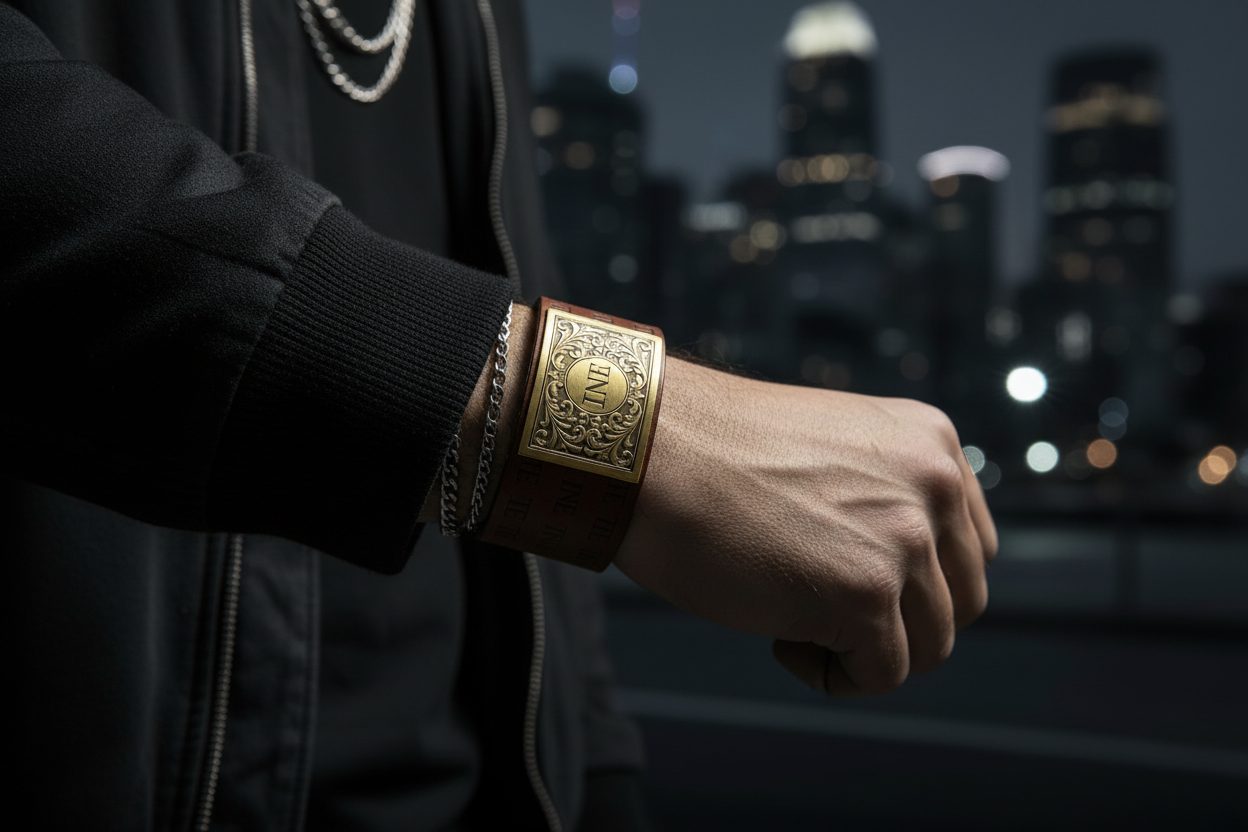 TNE leather cuff worn on wrist in urban streetwear lifestyle setting