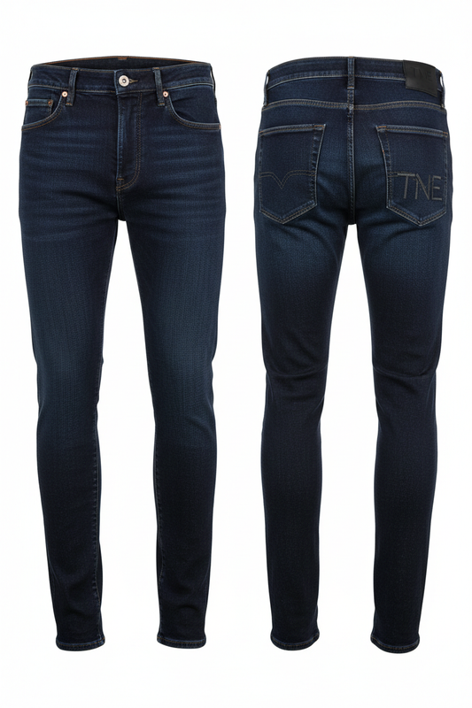 Dark indigo slim tapered jeans with TNE embroidered logo on ghost mannequin