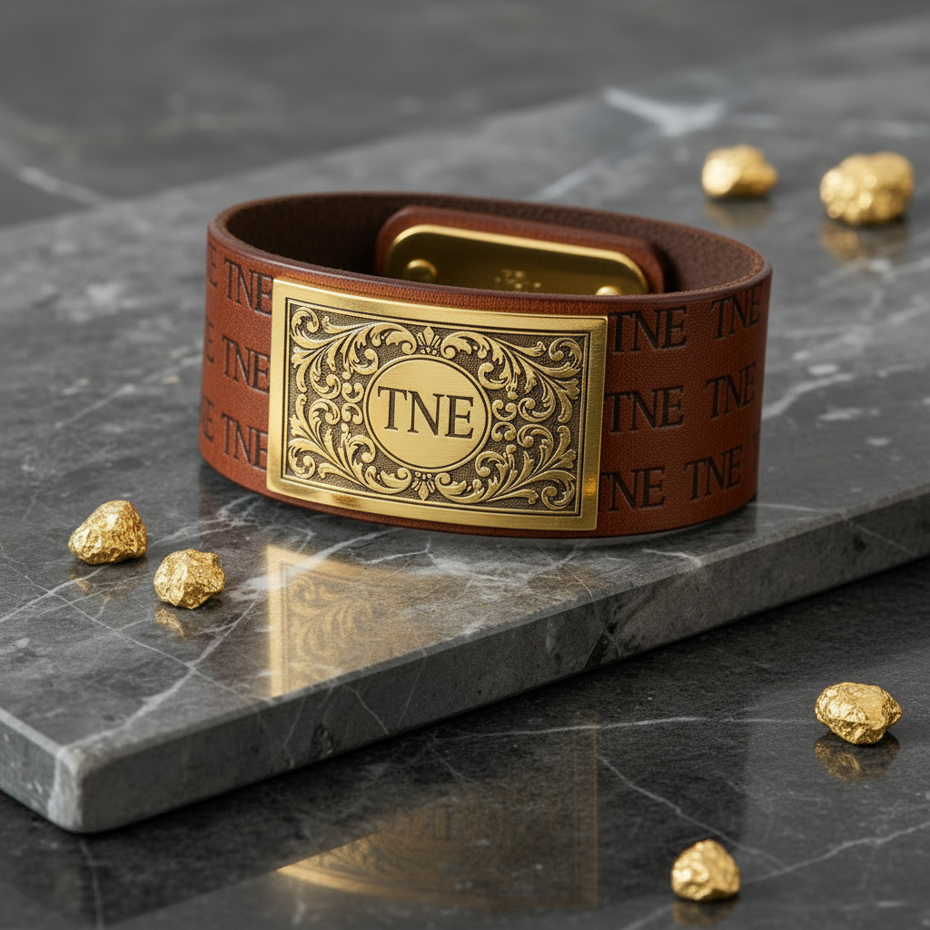 TNE Engraved Gold Plate Leather Cuff